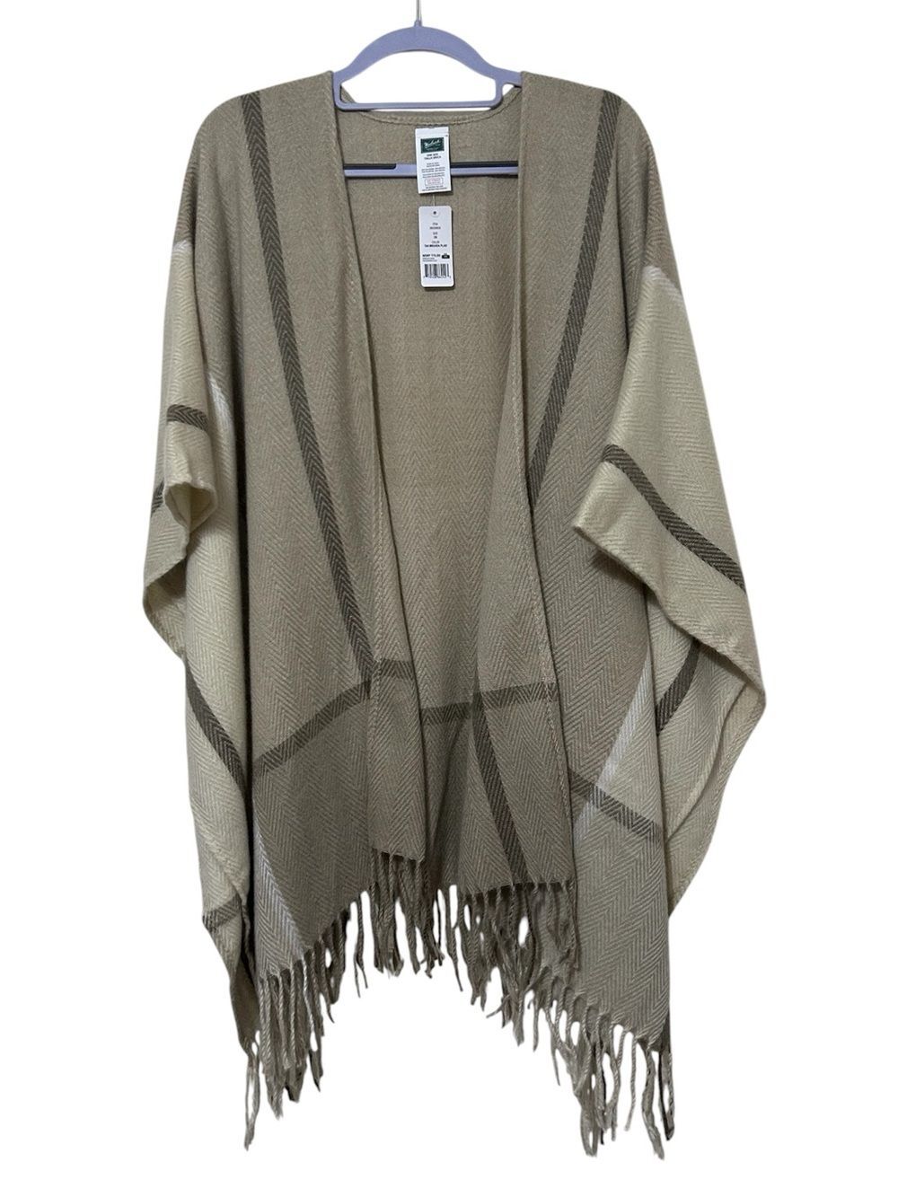 NWT Woolrich Tan Herringbone Weave Miranda Plaid Fringe Cozy Wrap Poncho OS